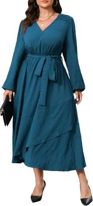 CUPSHE Women's Plus Size Maxi Dress V Neck Long Sleeve Casual Belted Wrap Loose Fit Fall Flowy Long Dresses