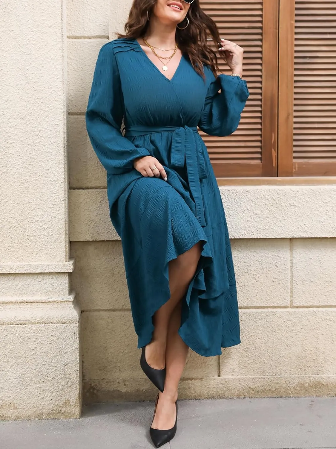 CUPSHE Women's Plus Size Maxi Dress V Neck Long Sleeve Casual Belted Wrap Loose Fit Fall Flowy Long Dresses