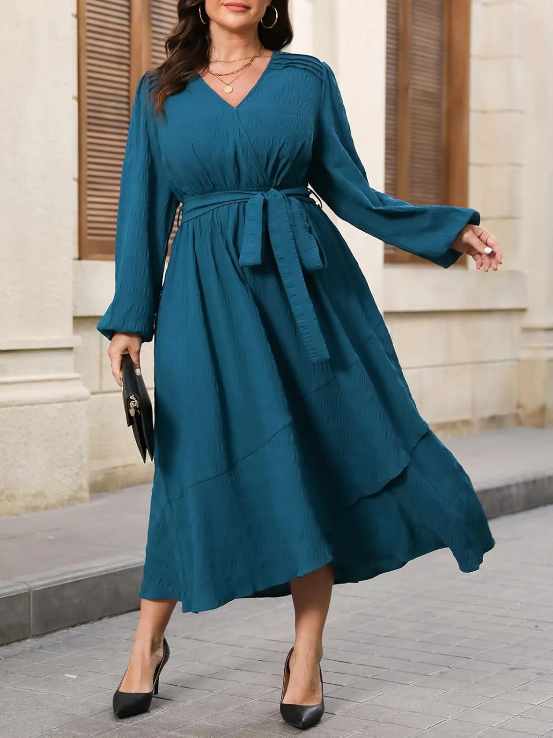 CUPSHE Women's Plus Size Maxi Dress V Neck Long Sleeve Casual Belted Wrap Loose Fit Fall Flowy Long Dresses