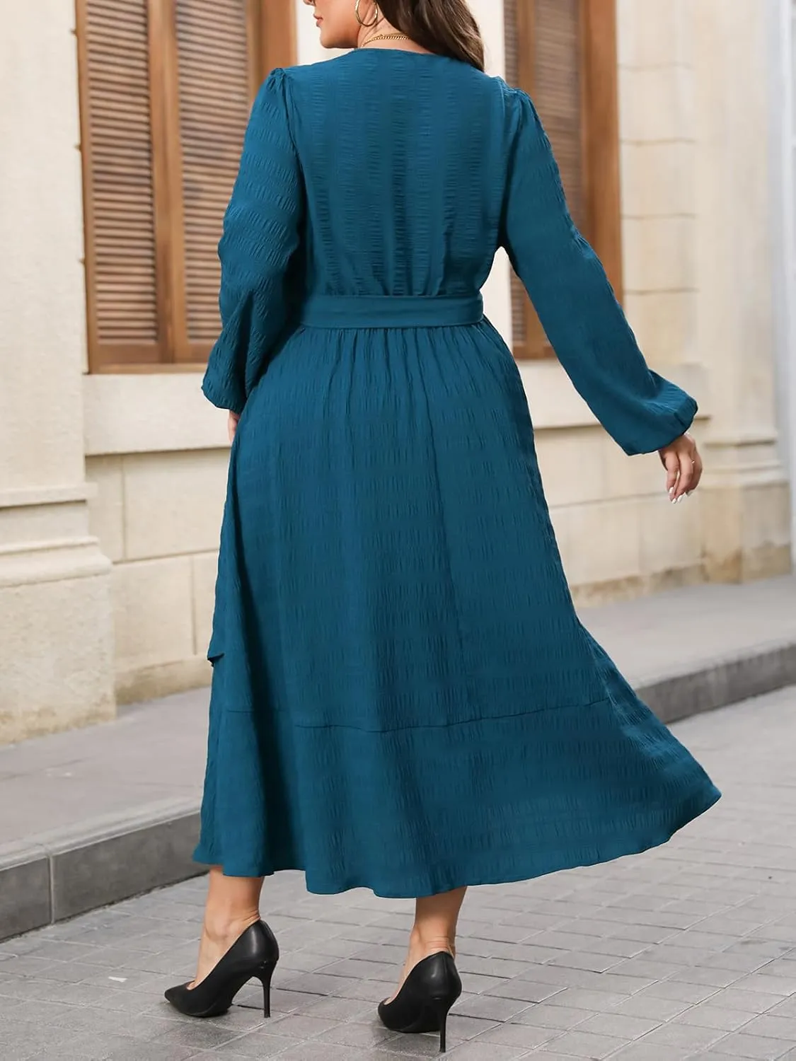 CUPSHE Women's Plus Size Maxi Dress V Neck Long Sleeve Casual Belted Wrap Loose Fit Fall Flowy Long Dresses