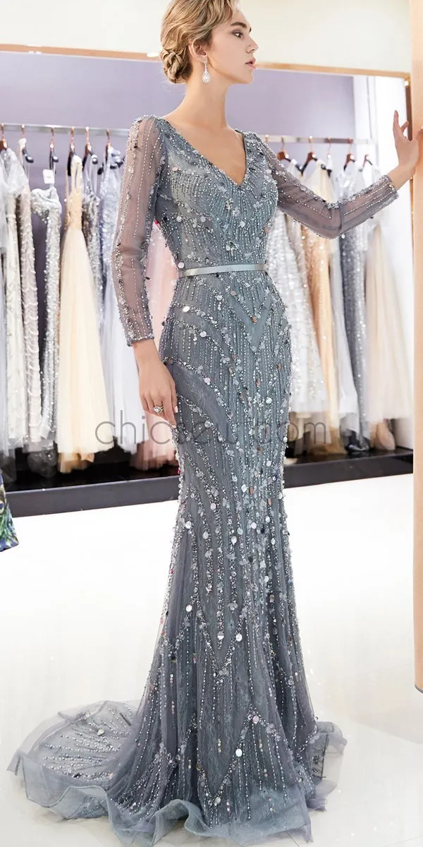 Custom Silver Gray Beading Sequin Glitter Sparkly Mermaid Long Sleeves V-Neck Prom Dresses,Long Evening Dresses LMX1142