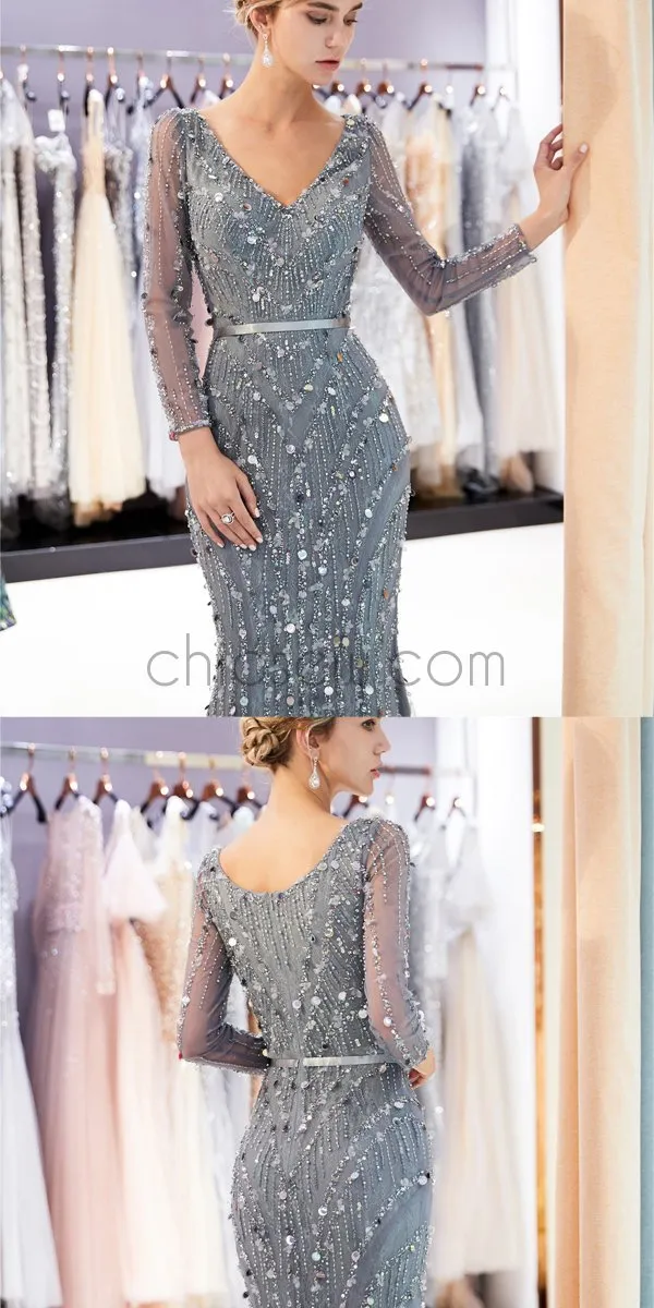 Custom Silver Gray Beading Sequin Glitter Sparkly Mermaid Long Sleeves V-Neck Prom Dresses,Long Evening Dresses LMX1142
