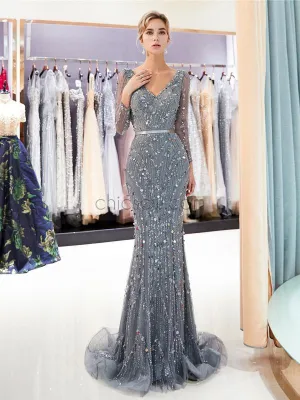Custom Silver Gray Beading Sequin Glitter Sparkly Mermaid Long Sleeves V-Neck Prom Dresses,Long Evening Dresses LMX1142