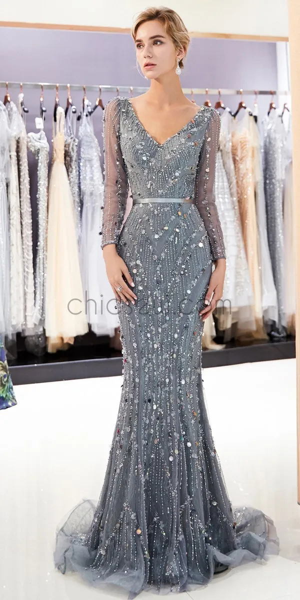 Custom Silver Gray Beading Sequin Glitter Sparkly Mermaid Long Sleeves V-Neck Prom Dresses,Long Evening Dresses LMX1142