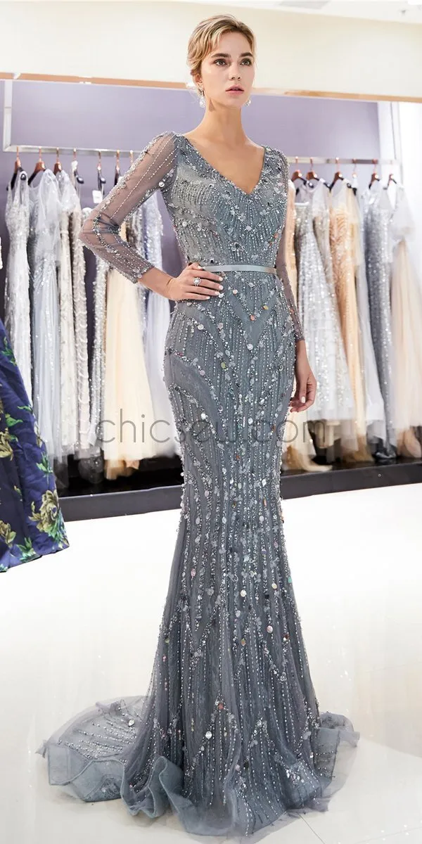 Custom Silver Gray Beading Sequin Glitter Sparkly Mermaid Long Sleeves V-Neck Prom Dresses,Long Evening Dresses LMX1142