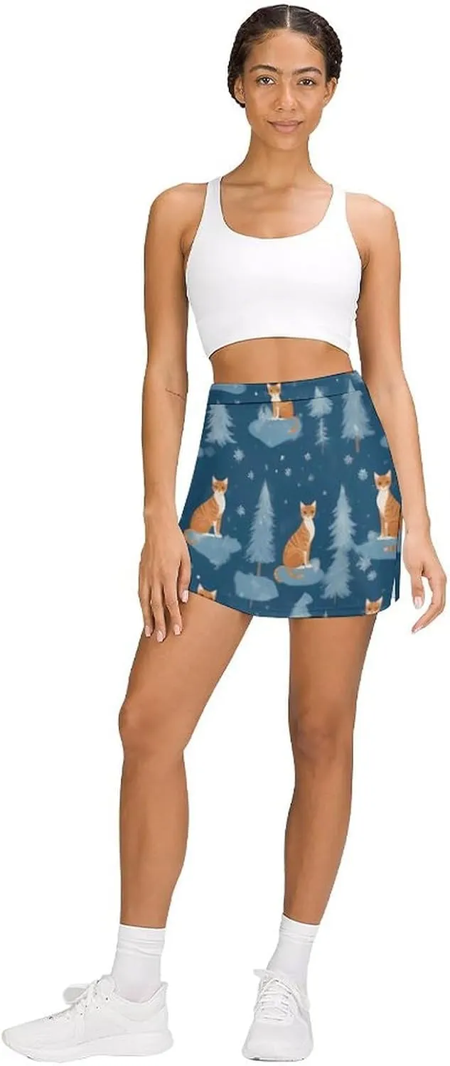 Cute Cats Pattern Tennis Skirts for Women with Pockets High Waisted Athletic Golf Skorts Skirts A-Line Mini Short Skirt