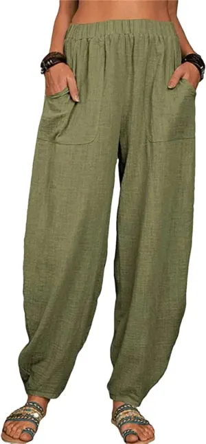 Dcvmvmn Women's Cotton Linen Harem Pants Loose Elegant Drawstring Elastic Waist Casual Trousers