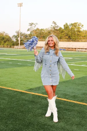 DENIM FRINGE BUTTON UP DRESS
