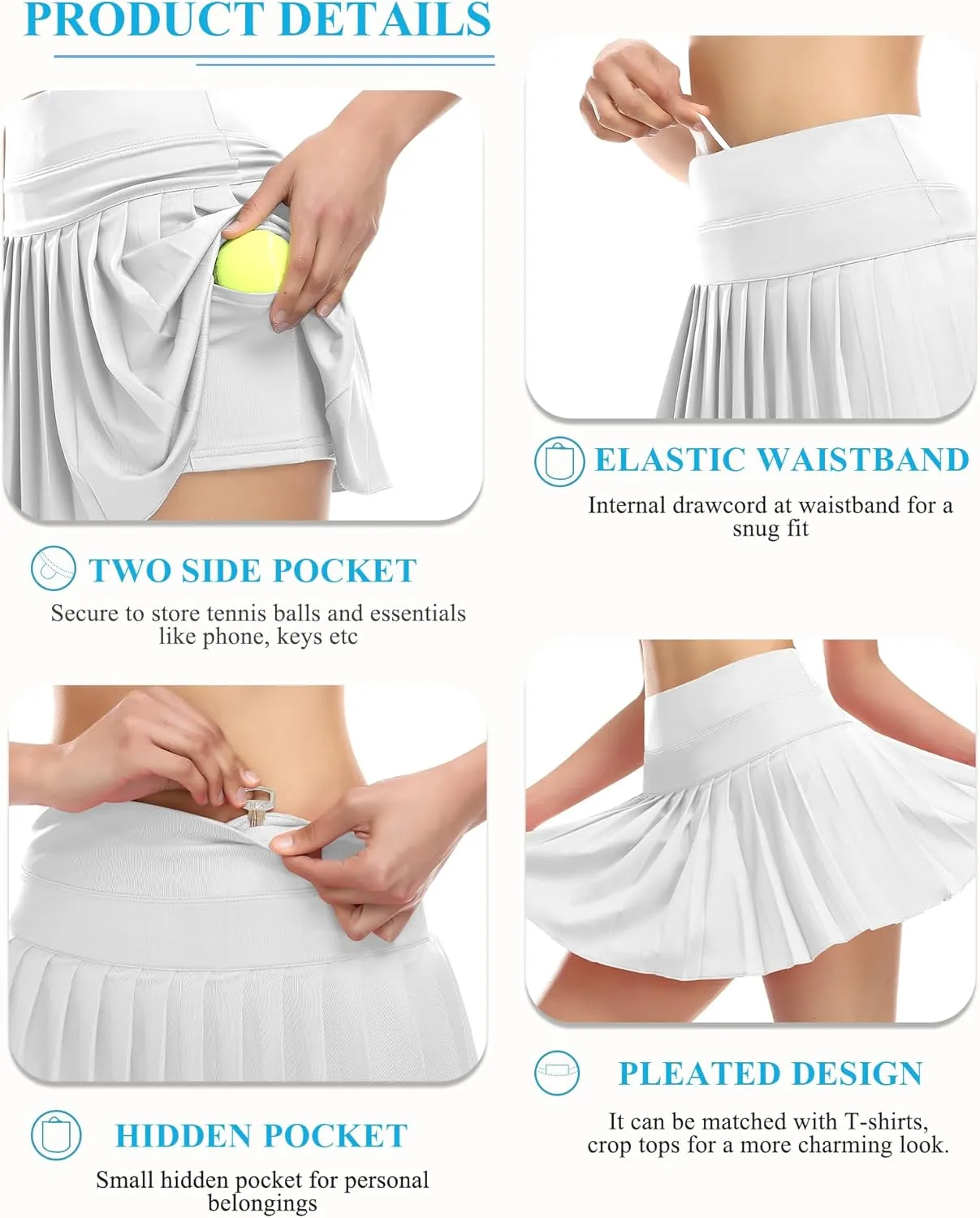 DERCA Pleated Tennis Skirt for Women with Pockets Shorts Athletic Golf Skirts Workout Sports Activewear Skort