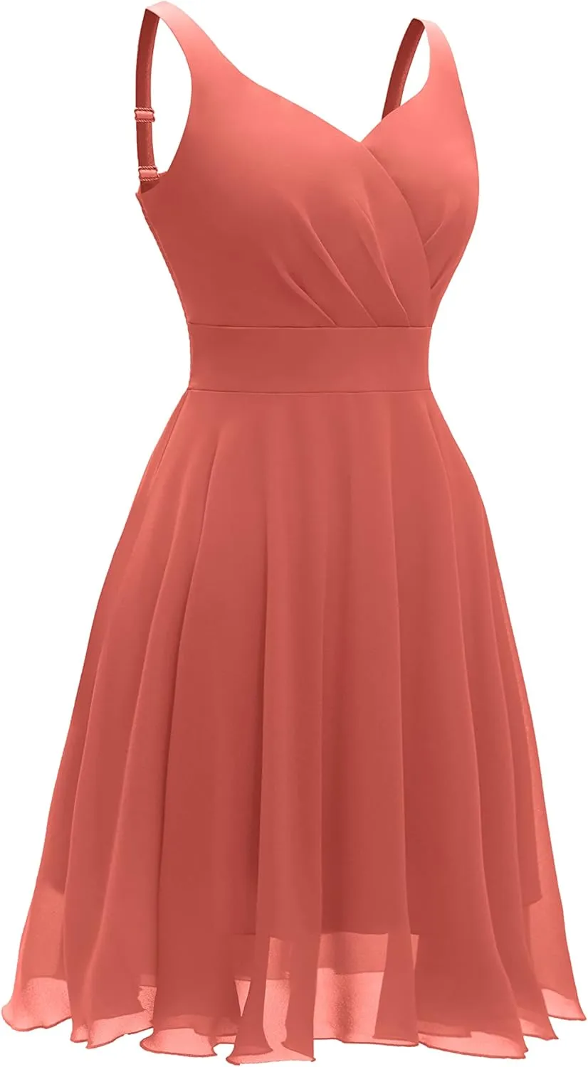 Dressever Summer Cocktail Dress V-Neck Adjustable Spaghetti Strap Chiffon Sundress