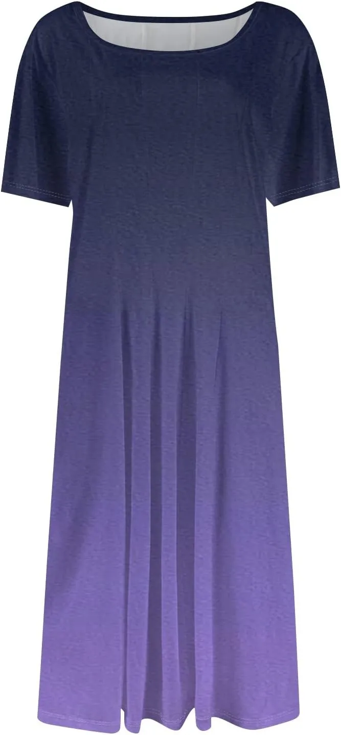 Easter Dress for Women Short Sleeve Casual Flowy Trendy Vacation Midi Dress Crewneck Beach Long Sundresses Summer