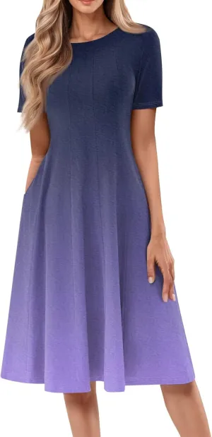 Easter Dress for Women Short Sleeve Casual Flowy Trendy Vacation Midi Dress Crewneck Beach Long Sundresses Summer