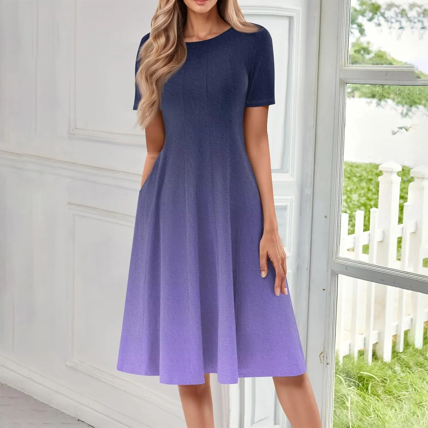 Easter Dress for Women Short Sleeve Casual Flowy Trendy Vacation Midi Dress Crewneck Beach Long Sundresses Summer