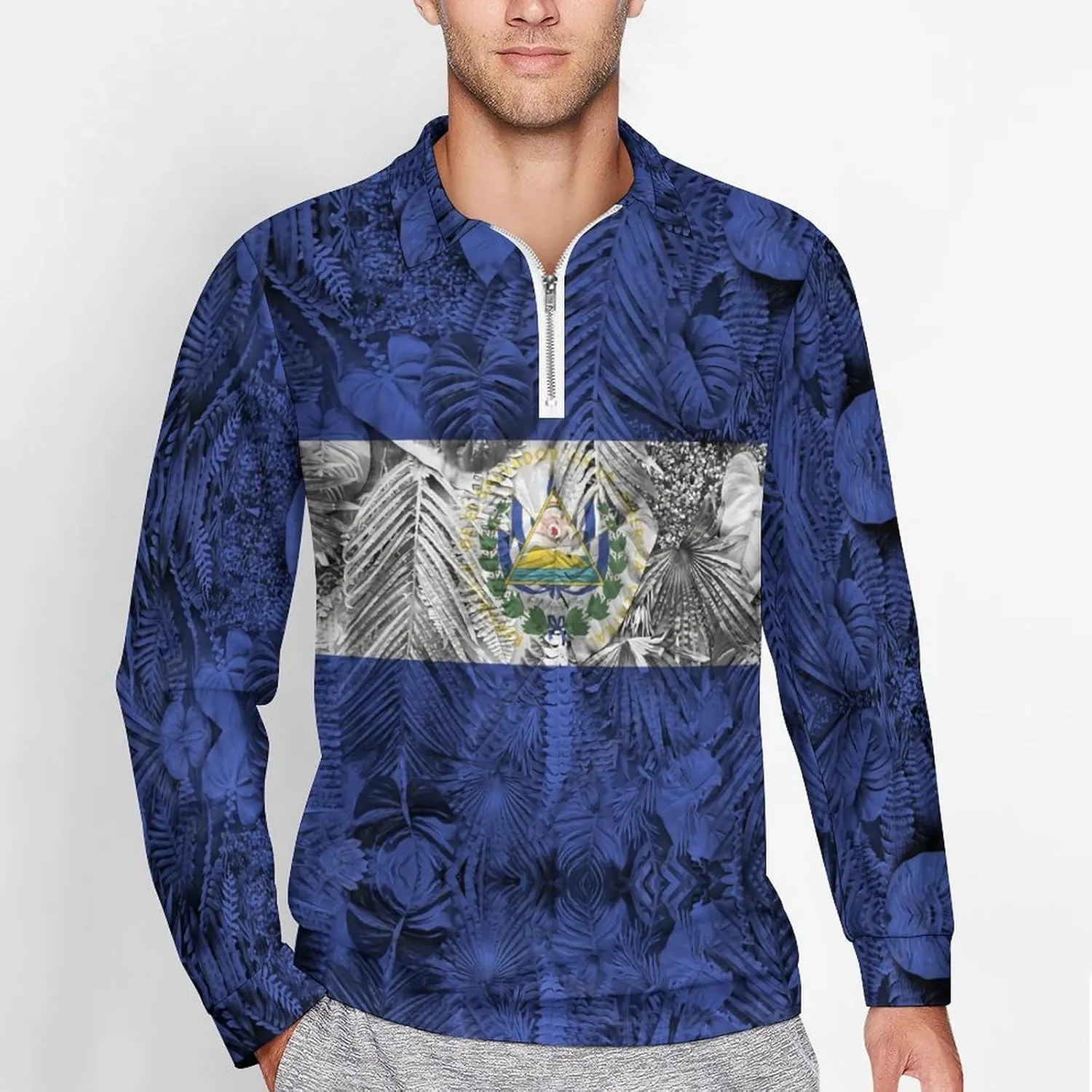 El Salvador Flag Mens Long Sleeve Classic Polo- Shirts Casual Polo- Shirts Office Work Shirts for Men