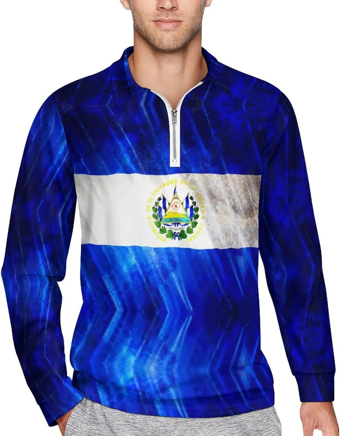 El Salvador Flag Mens Long Sleeve Classic Polo- Shirts Casual Polo- Shirts Office Work Shirts for Men