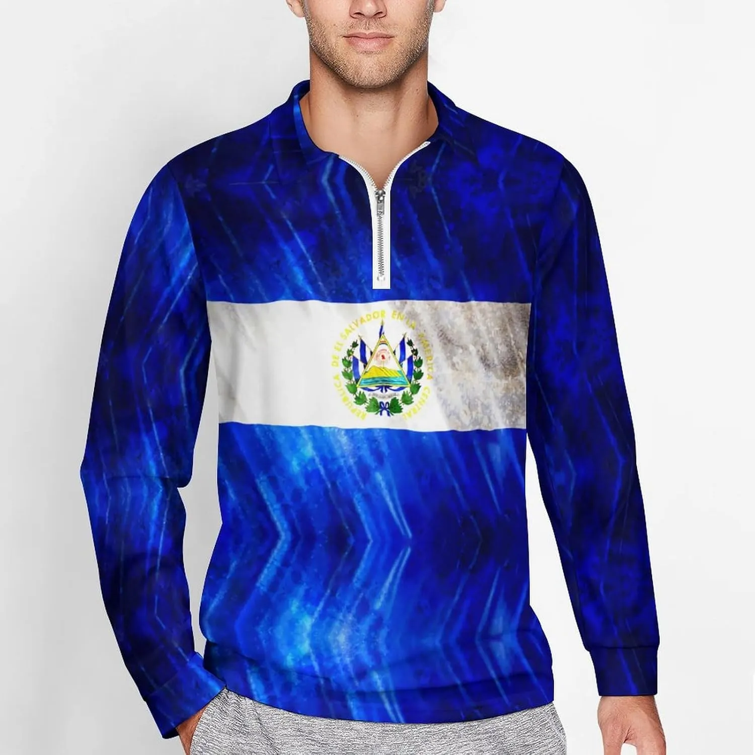 El Salvador Flag Mens Long Sleeve Classic Polo- Shirts Casual Polo- Shirts Office Work Shirts for Men