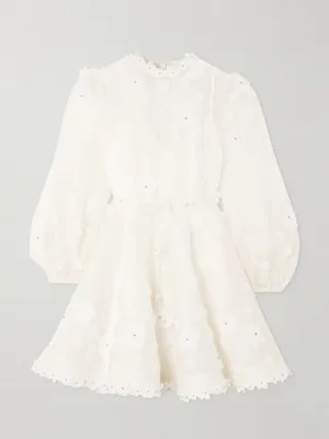 Embellished appliquéd linen and silk-blend mini dress
