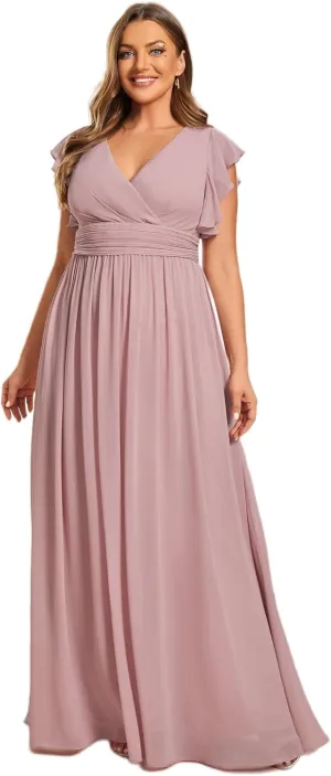 Ever-Pretty Plus Women's Summer Chiffon Ruffles Sleeve Pleated Back Cutout Plus Size Bridesmaid Dresses Formal Gowns