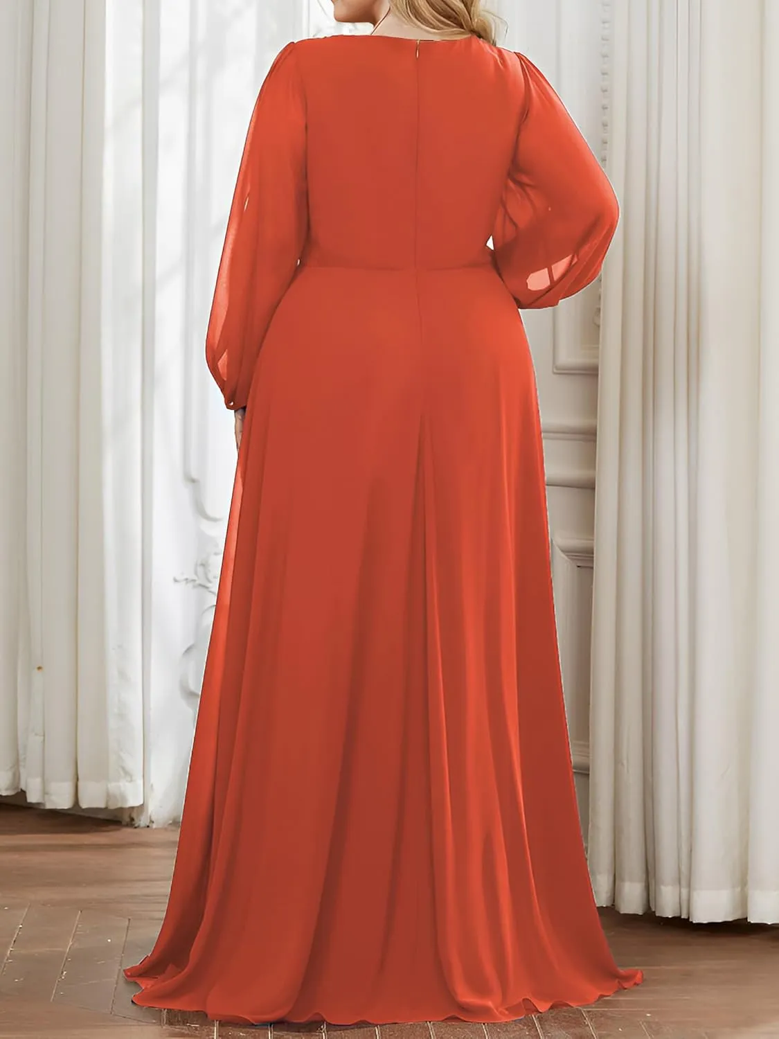 Ever-Pretty V Neck Long Sleeves Applique Chiffon Plus Size Floor Length Formal Evening Dresses for Curvy Women 00461-DA