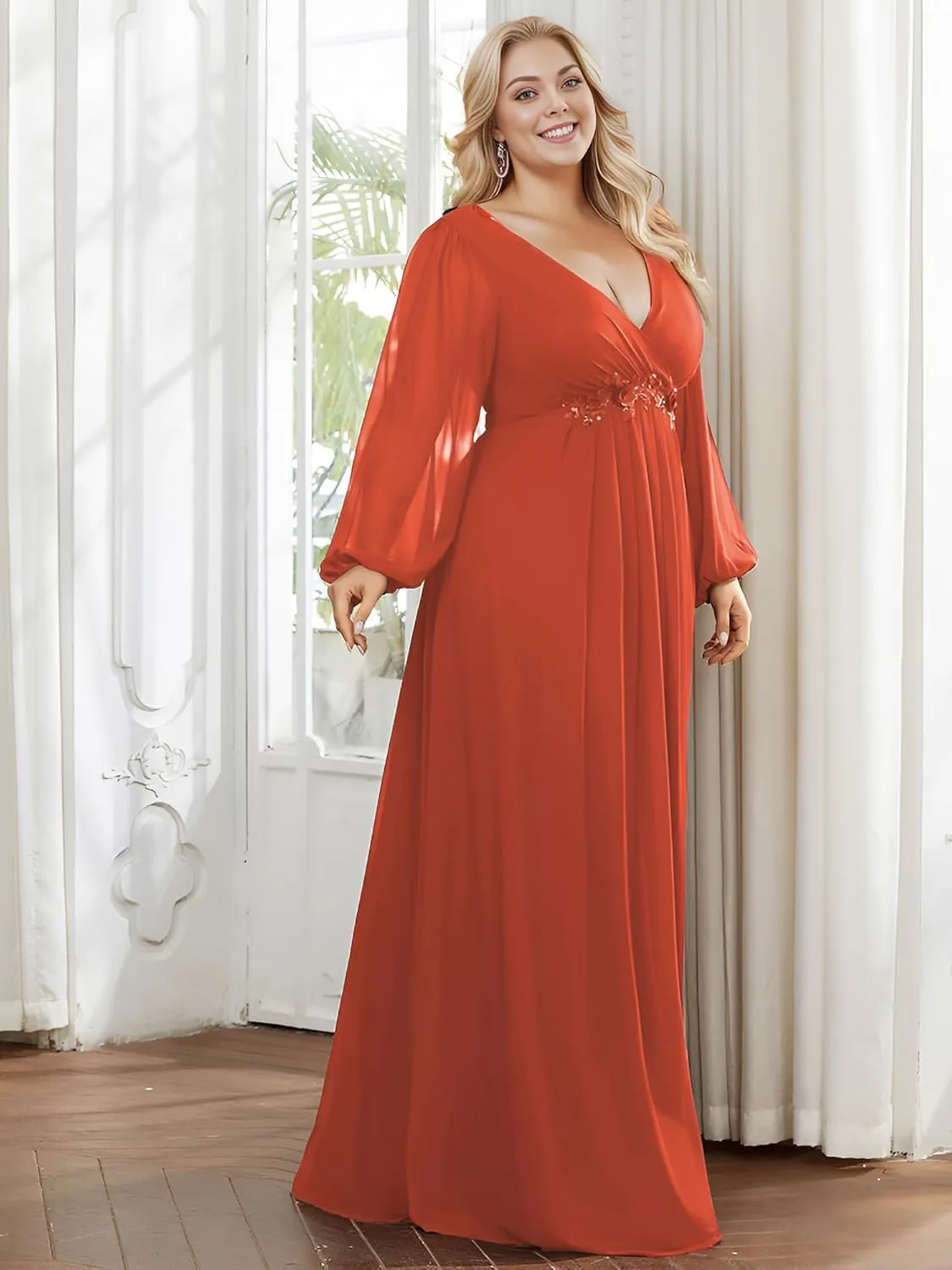Ever-Pretty V Neck Long Sleeves Applique Chiffon Plus Size Floor Length Formal Evening Dresses for Curvy Women 00461-DA