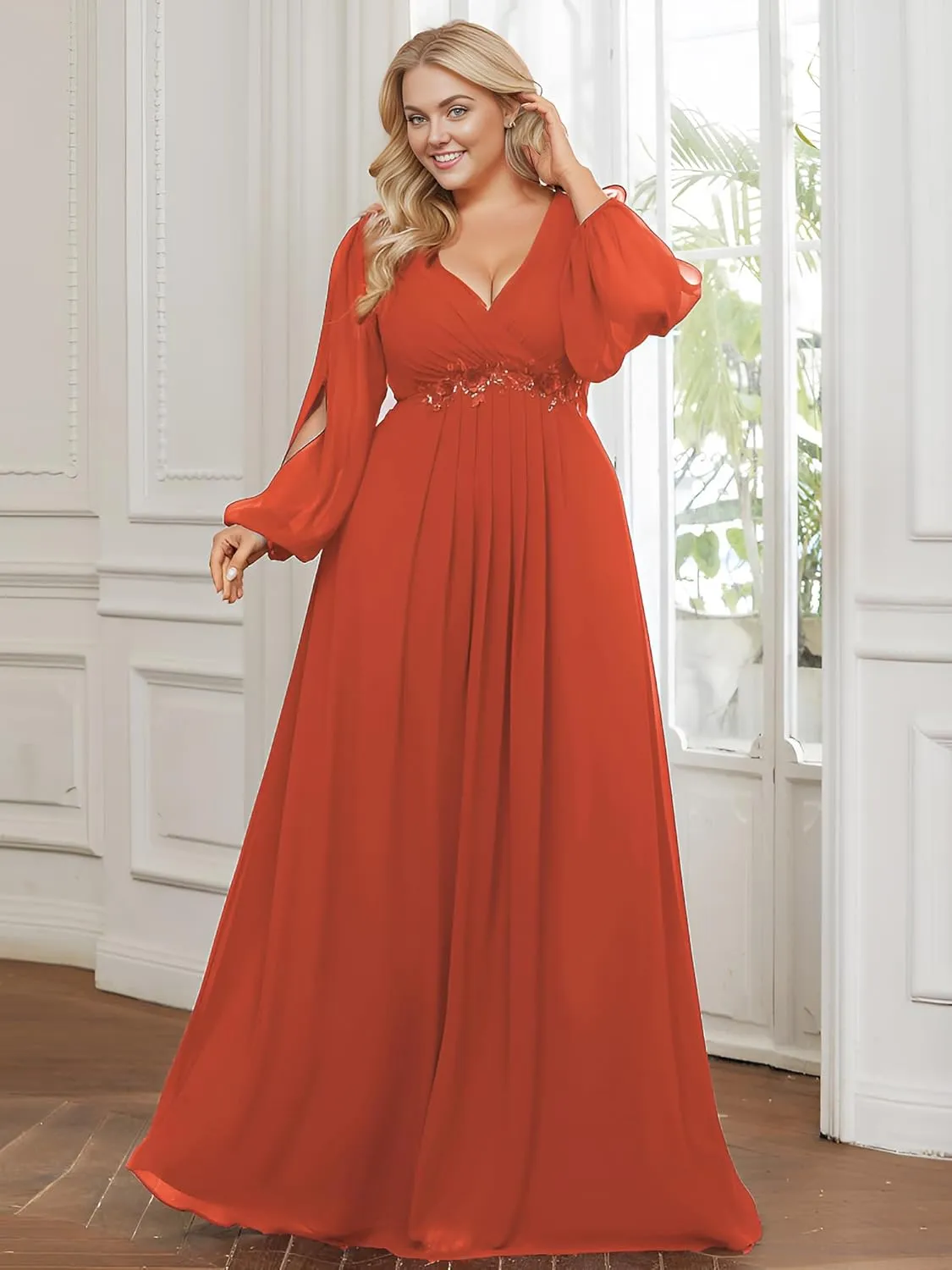 Ever-Pretty V Neck Long Sleeves Applique Chiffon Plus Size Floor Length Formal Evening Dresses for Curvy Women 00461-DA
