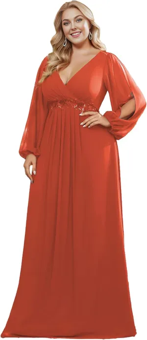 Ever-Pretty V Neck Long Sleeves Applique Chiffon Plus Size Floor Length Formal Evening Dresses for Curvy Women 00461-DA