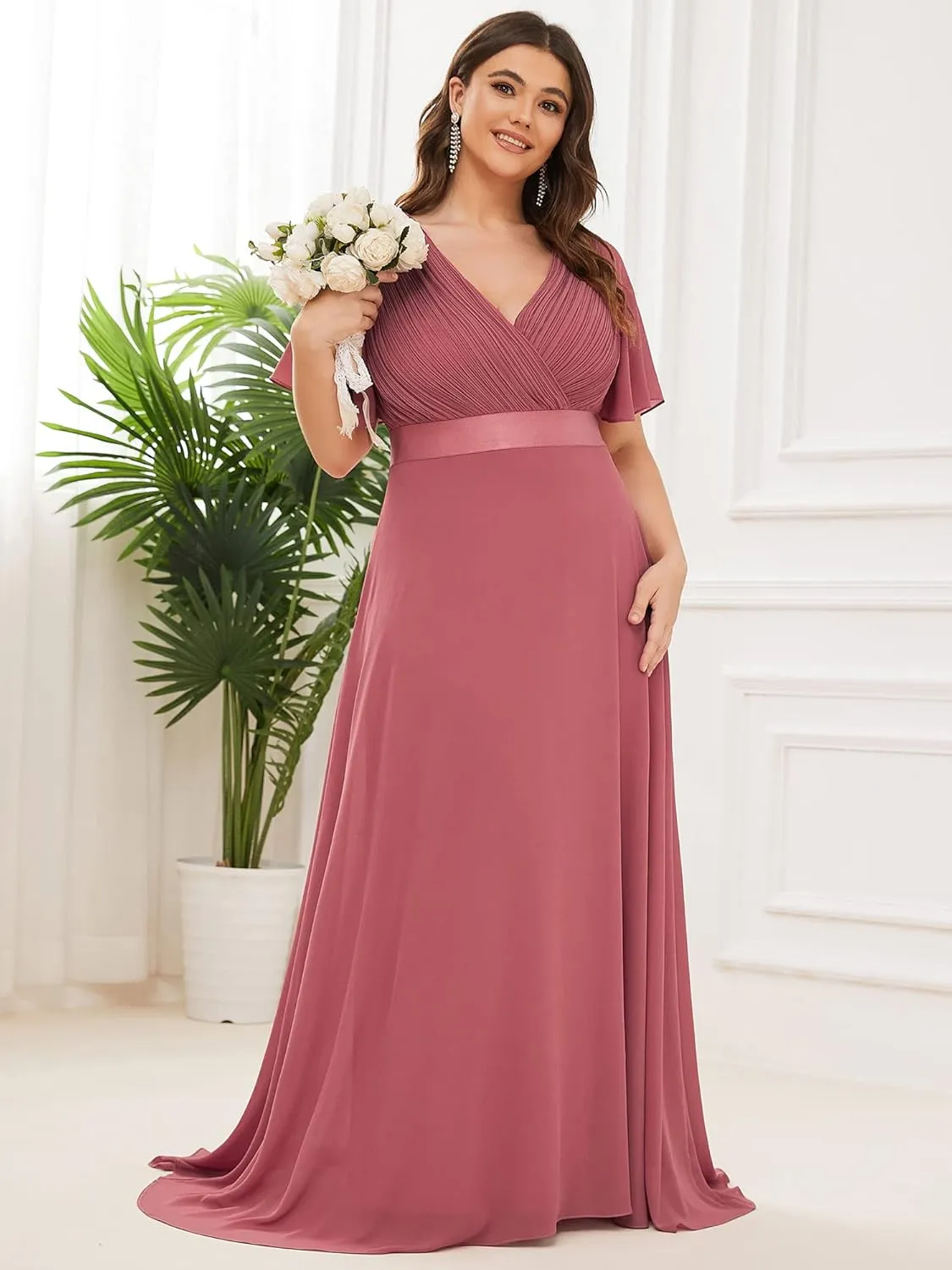 Ever-Pretty Women's Double V-Neck Chiffon Formal Dresses Plus Size Bridesmaid Dress 09890-DA