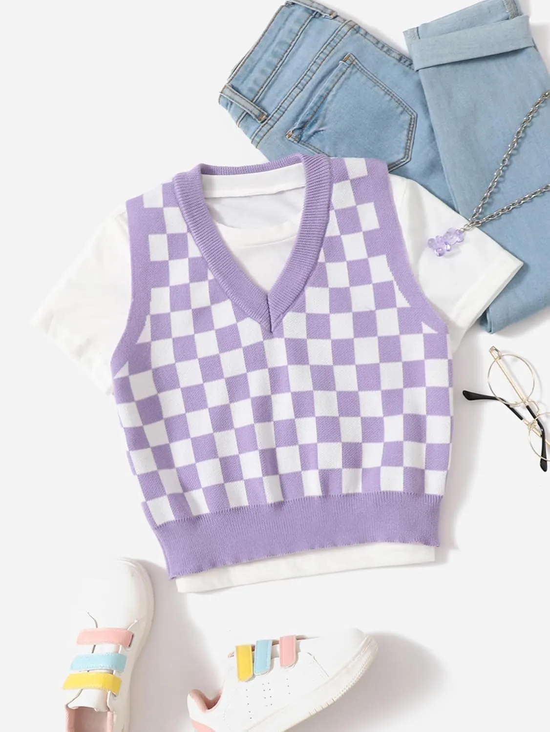 Floerns Girls Checker Print V Neck Sleeveless Sweater Vest Tank Top
