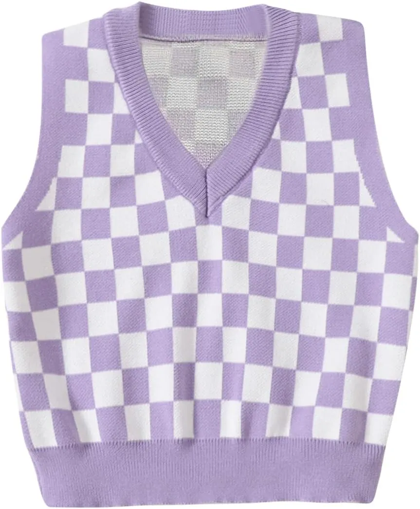 Floerns Girls Checker Print V Neck Sleeveless Sweater Vest Tank Top