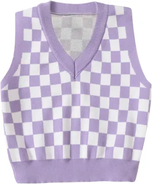 Floerns Girls Checker Print V Neck Sleeveless Sweater Vest Tank Top