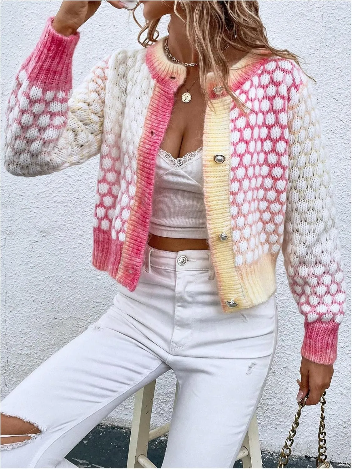 Floerns Women's Ombre Marled Knitwear Long Sleeve Button Front Cardigan