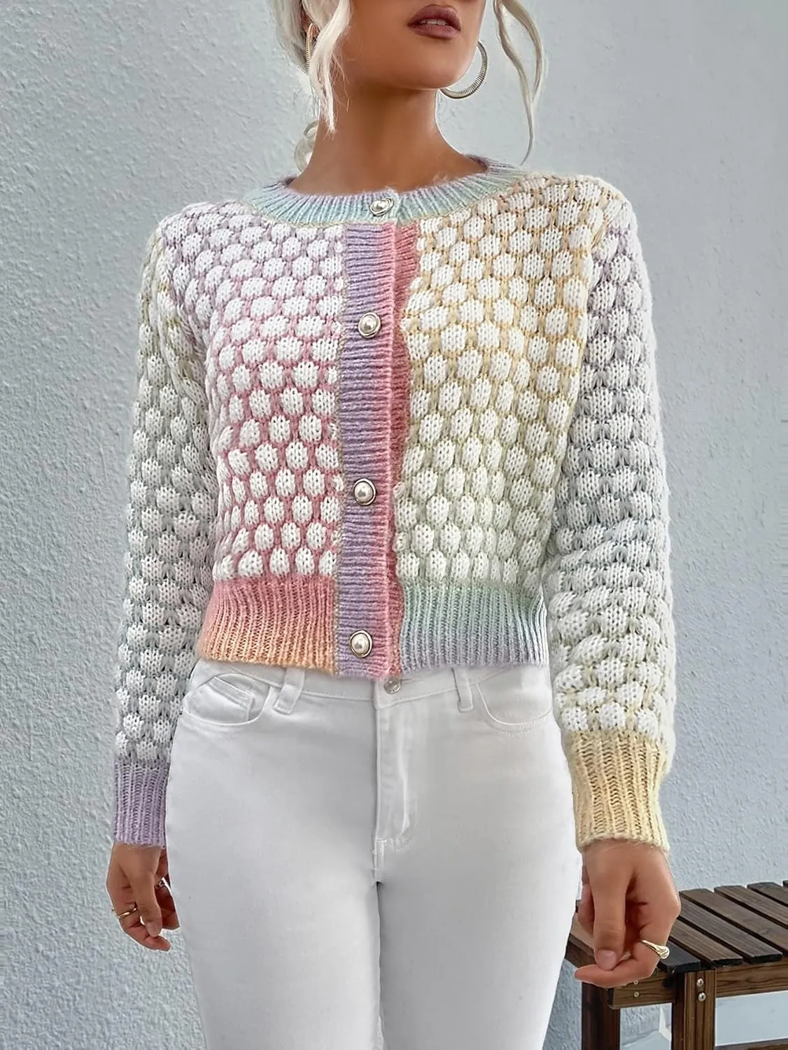 Floerns Women's Ombre Marled Knitwear Long Sleeve Button Front Cardigan