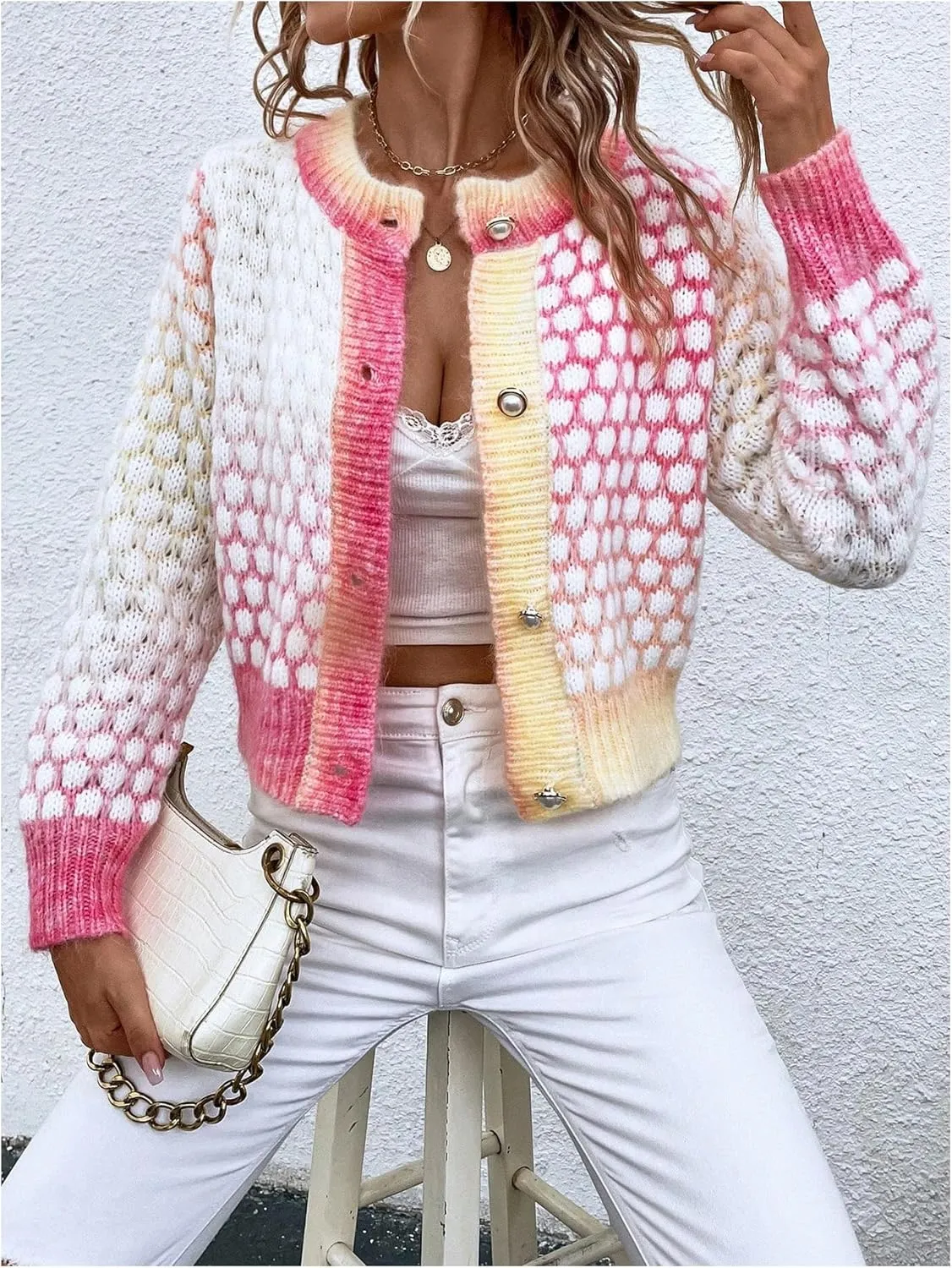 Floerns Women's Ombre Marled Knitwear Long Sleeve Button Front Cardigan