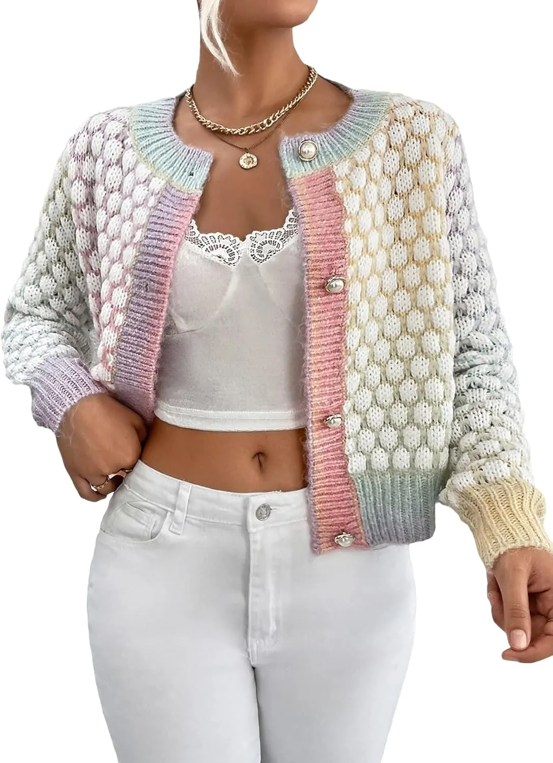 Floerns Women's Ombre Marled Knitwear Long Sleeve Button Front Cardigan