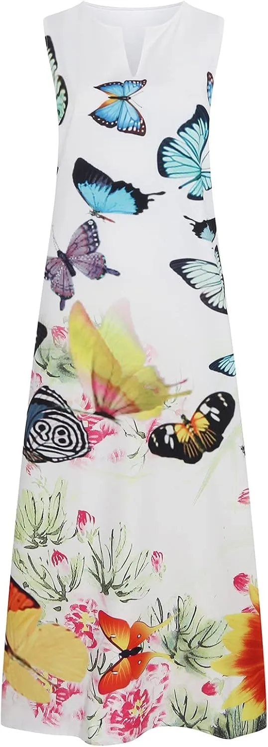 Floral Dress for Women Elegant V Neck Sleeveless Ruffle Bohemian Dresses with Pocket Summer Causal Boho Maxi Sundress