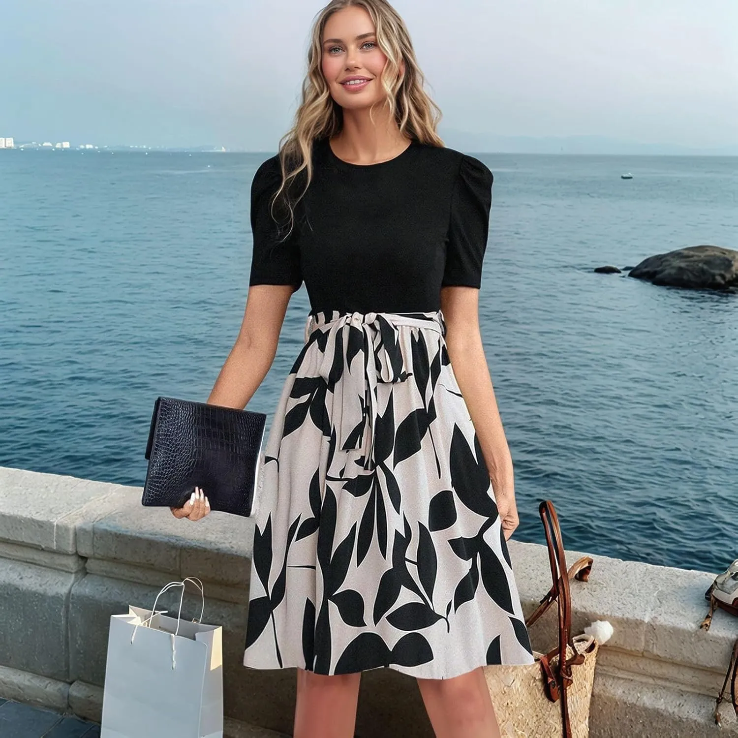 Floral Mini Dress for Women Causal Summer Tie Empire Waist Wrap Dress Short Sleeve Knee Length Flowy Ruffle Dresses
