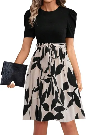 Floral Mini Dress for Women Causal Summer Tie Empire Waist Wrap Dress Short Sleeve Knee Length Flowy Ruffle Dresses