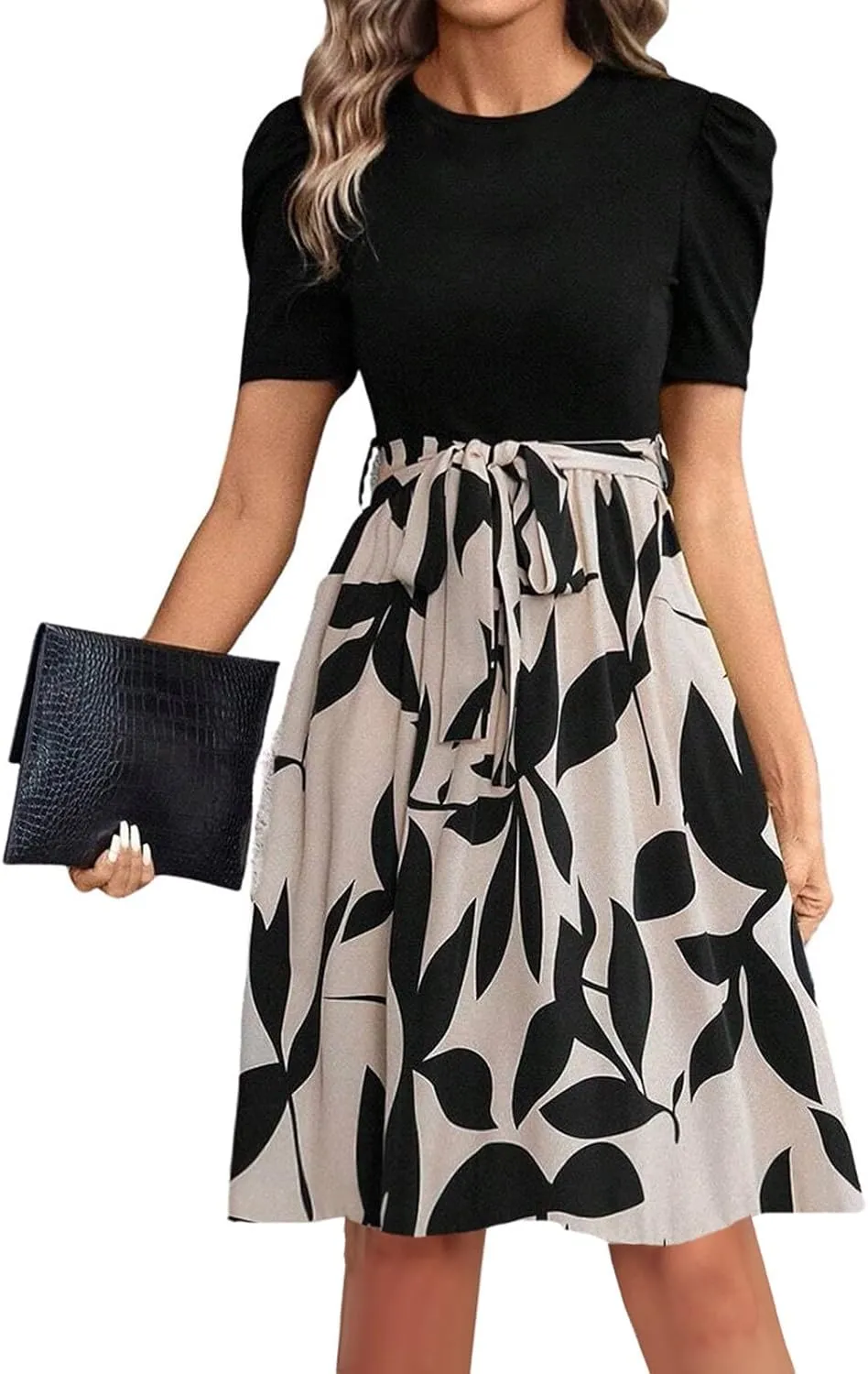 Floral Mini Dress for Women Causal Summer Tie Empire Waist Wrap Dress Short Sleeve Knee Length Flowy Ruffle Dresses