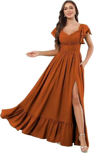 Flutter Sleeve Chiffon Bridesmaid Dresses for Women Ruffle Long Slit Formal Evening Dress with Pockets