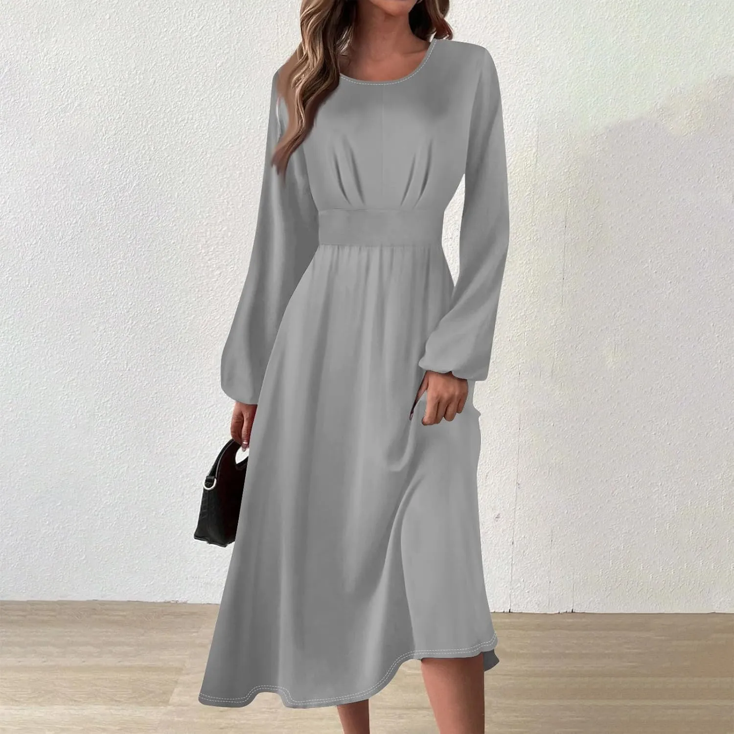 Formal Long Sleeve Midi Dress for Women Trendy Plus Size A Line Dress Casual Flowy Elegant Floral Smocked Dress