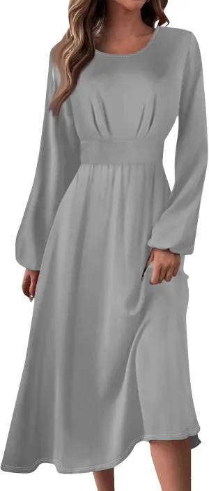 Formal Long Sleeve Midi Dress for Women Trendy Plus Size A Line Dress Casual Flowy Elegant Floral Smocked Dress