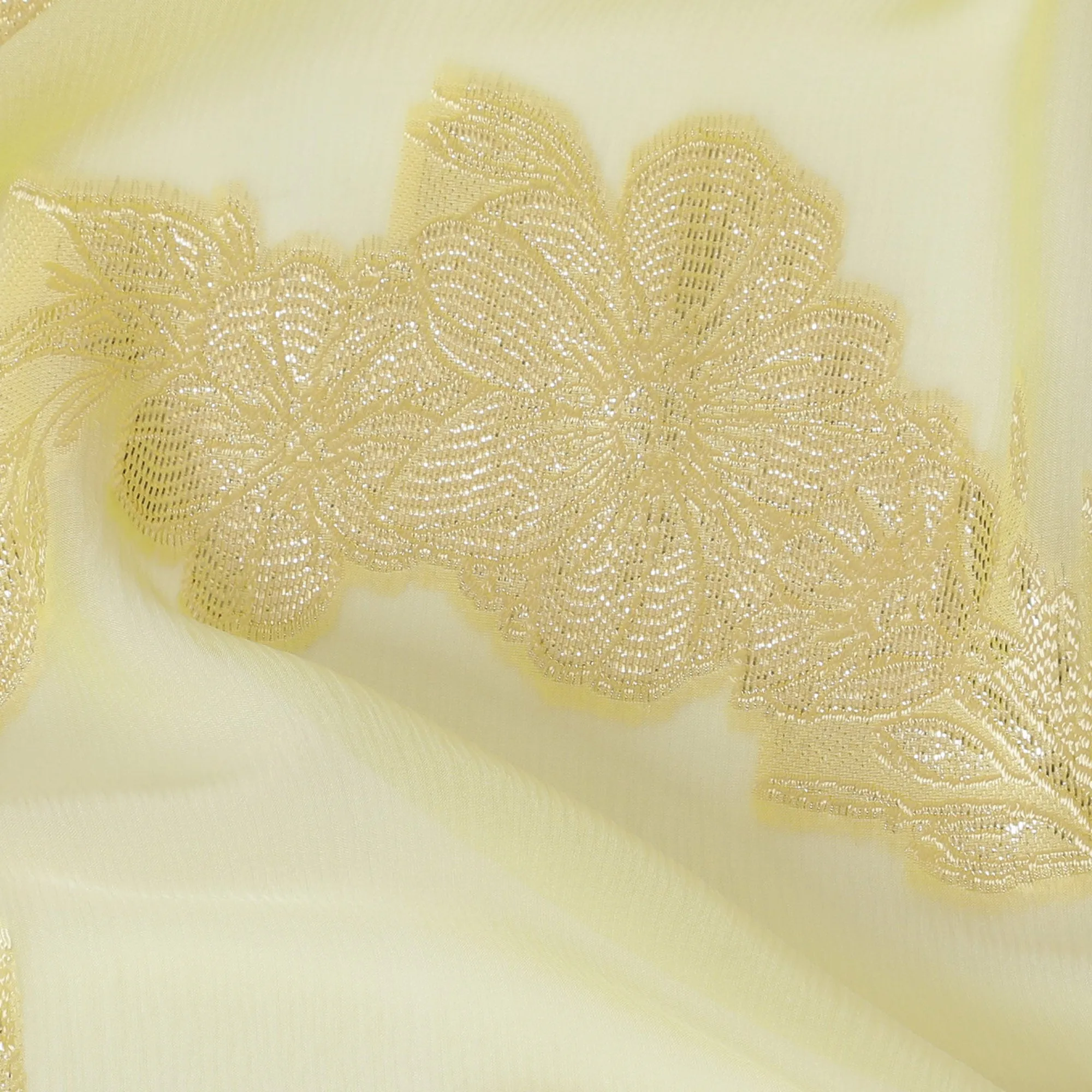 French Lemon Yellow Silk Chiffon (Fransawi) Fabric with Metallic Gold Lurex Floral Design, 110 cm Width-D19736