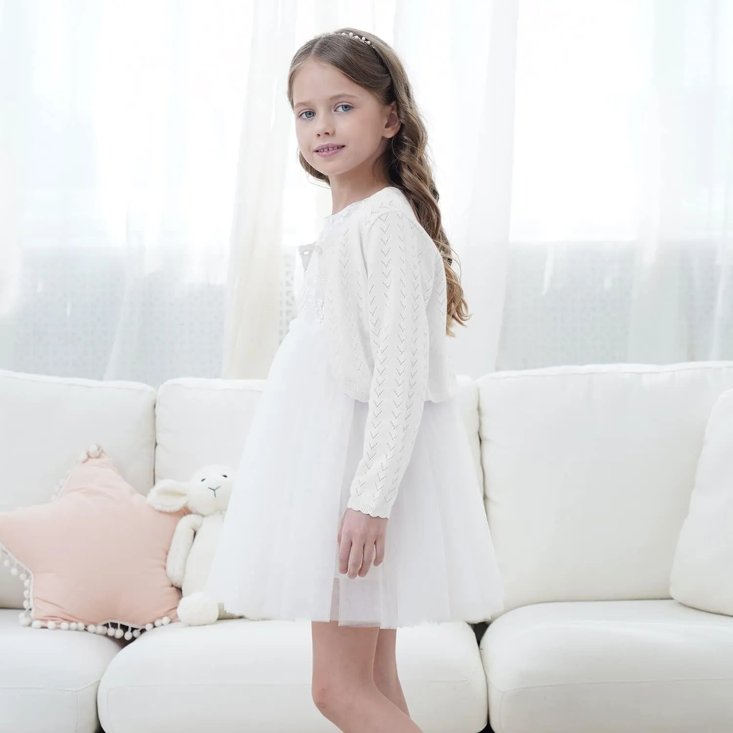 Girls' Crochet Knitted Cardigan Sweater Bolero Shrug Kids Long Sleeve Button Closure Cropped Knitwear Cover Up