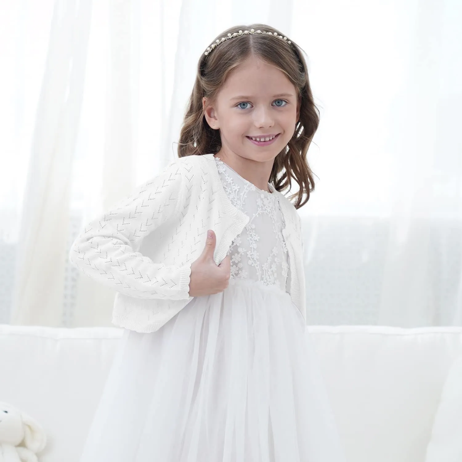 Girls' Crochet Knitted Cardigan Sweater Bolero Shrug Kids Long Sleeve Button Closure Cropped Knitwear Cover Up