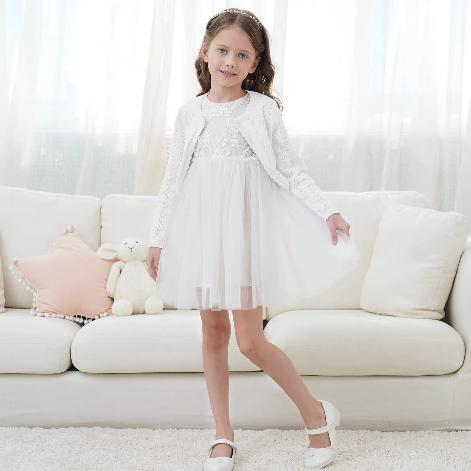 Girls' Crochet Knitted Cardigan Sweater Bolero Shrug Kids Long Sleeve Button Closure Cropped Knitwear Cover Up