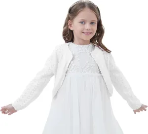 Girls' Crochet Knitted Cardigan Sweater Bolero Shrug Kids Long Sleeve Button Closure Cropped Knitwear Cover Up