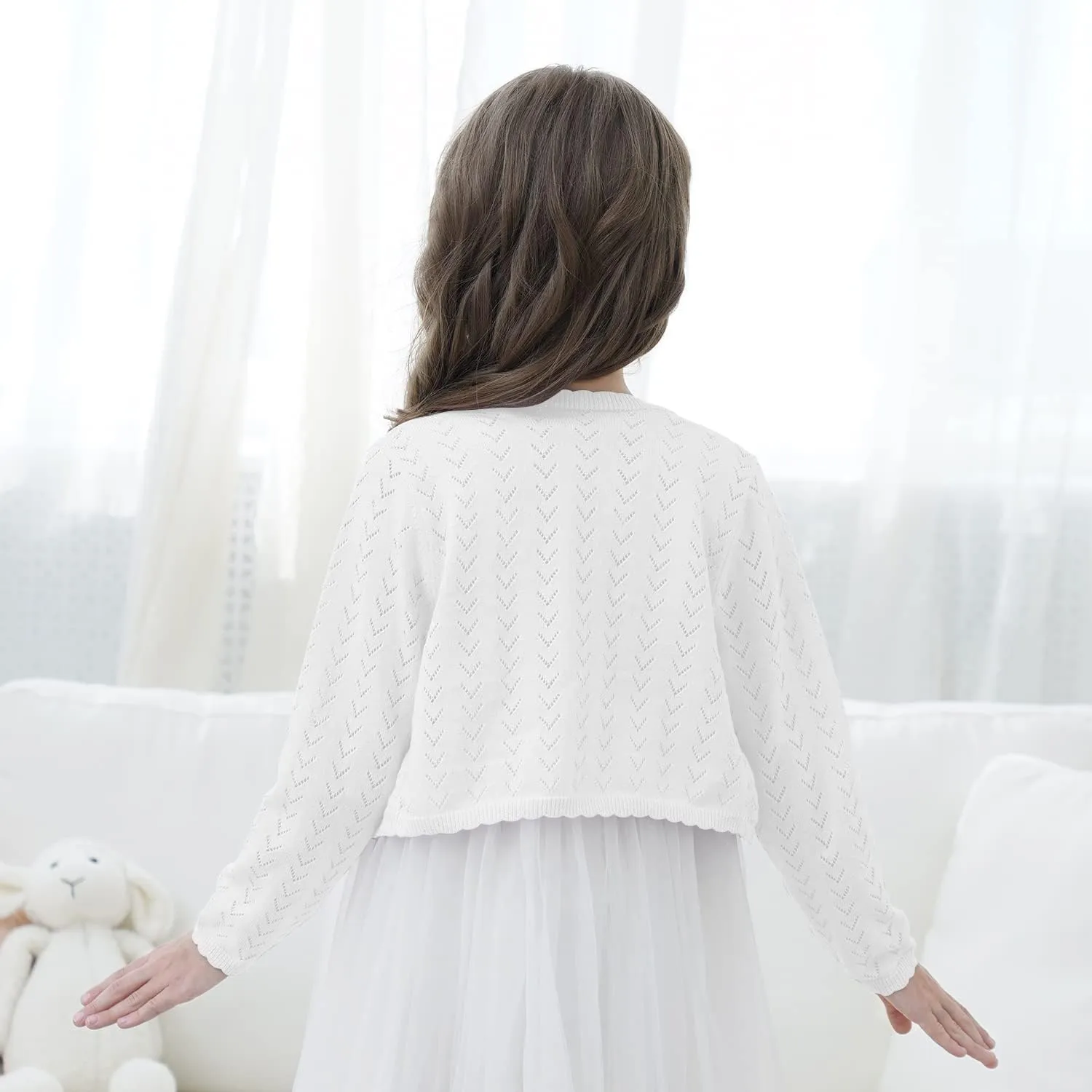 Girls' Crochet Knitted Cardigan Sweater Bolero Shrug Kids Long Sleeve Button Closure Cropped Knitwear Cover Up