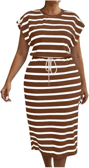 Going Out Dresses for Women 2025 Summer Casual Short Sleeve Midi Dress Plus Size Drawstring Waist Stripes Beach Dress