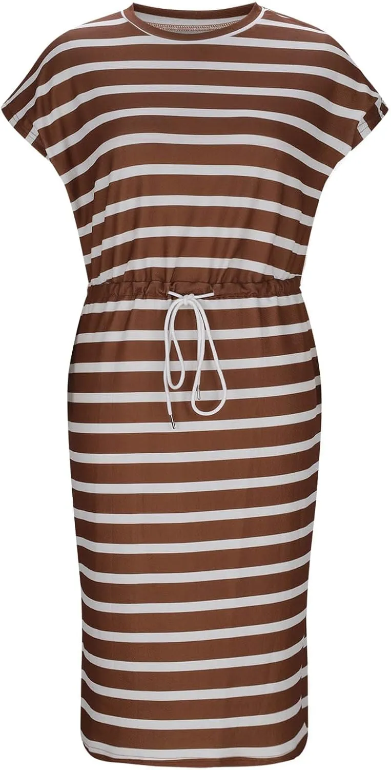 Going Out Dresses for Women 2025 Summer Casual Short Sleeve Midi Dress Plus Size Drawstring Waist Stripes Beach Dress