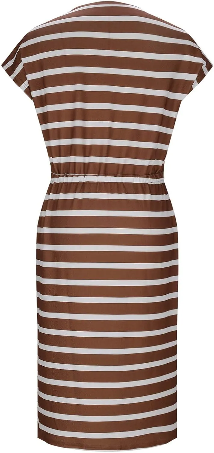 Going Out Dresses for Women 2025 Summer Casual Short Sleeve Midi Dress Plus Size Drawstring Waist Stripes Beach Dress